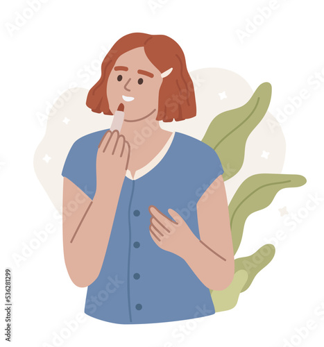 Pretty girl putting on lipstick. Portrait of a woman. Make up, make over. Lips wearing lipstick. Cosmetics. Flat vector illustration.