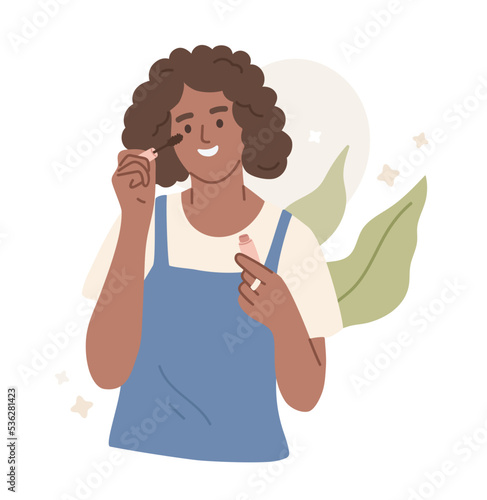 Pretty girl applying mascara to her eye lashes. Painting, coloring. Beauty blogger. Eye makeup. Portrait of a woman. Make up, make over. Cosmetology. Cosmetics. Flat vector illustration.
