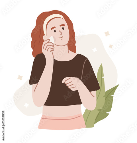 Pretty girl applying foundation to her skin. Base, concealer. Beauty blogger. Portrait of a woman. Make up, make over. Cosmetology. Cosmetics. Flat vector illustration.