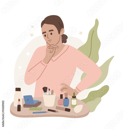 Pretty girl choosing cosmetics for her make-up. Lipstick, mascara, foundation. Beauty blogger. Portrait of a woman. Makeup. Cosmetology. Cosmetics. Flat vector illustration.