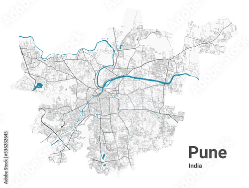 Pune map. Detailed map of Pune city administrative area. Cityscape panorama illustration. Road map with highways, streets, rivers. photo