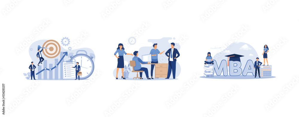 Tiny people with clock, checklist and target, Business team discussing project, Graduate students studying business administration and management, getting master degree, set flat vector modern illustr
