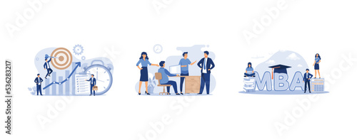 Tiny people with clock, checklist and target, Business team discussing project, Graduate students studying business administration and management, getting master degree, set flat vector modern illustr