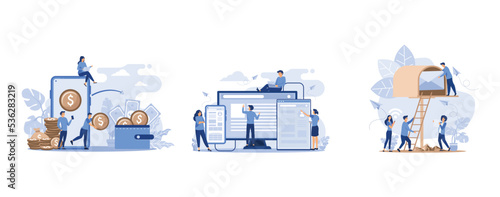 Financial transactions, non-cash payment transactions, A team of people is developing a website by filling it with functions, Mailbox with letter in envelope, set flat vector modern illustration