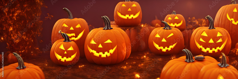 Jack O Lanterns - Halloween Background. Banner size. website header. 3d illustration Jack O Lanterns - Halloween Background. Banner size. website header. 3d illustration