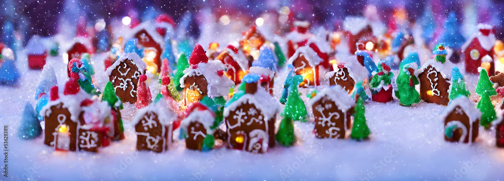 Abstract gingerbread fairy town village with bokeh and christmas lights as advent decoration. Banner size. 3d