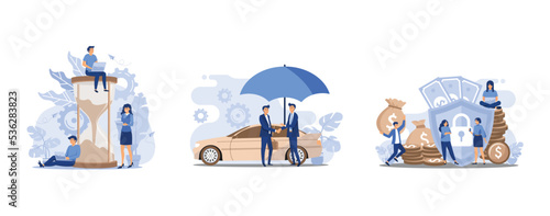 time management concept, Safe car concept carrying comprehensive document with the vehicle owner and broker shaking hands under an umbrella which also covers the car in a city street, financial saving
