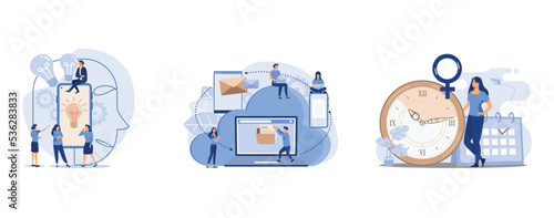 the company is engaged in a joint search for ideas, data processing, Young woman marks the date of her period in the online calendar, set flat vector modern illustration