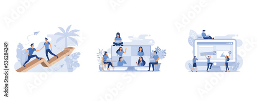 support and teamwork, Online business conference, A team of people is developing a website by filling it with functions, set flat vector modern illustration