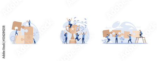 people connecting puzzle elements, gold cup trophy symbol icon in flat style, Symbol of teamwork, cooperation, partnership, set flat vector modern illustration