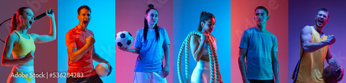Sport collage of professional athletes posing isolated on multicolored background in neon. Tennis, volleyball, soccer, fitness, basketball.