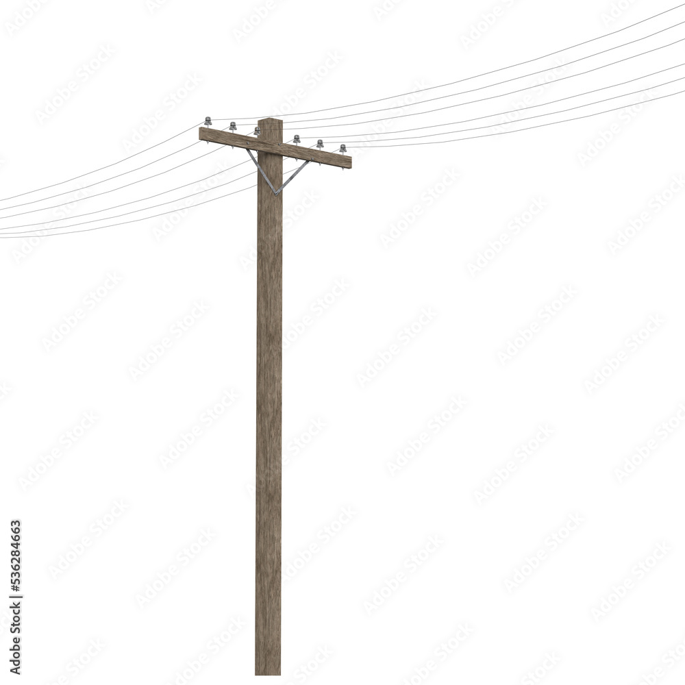 3d rendering illustration of a wooden telephone pole - obrazy, fototapety, plakaty 