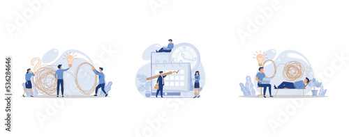business problem solving concept, little people characters make an online schedule in the tablet, psychotherapy, set flat vector modern illustration