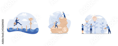 the concept of achieving goal or target, Man helping another climb to the top of coins, a metaphor for the birth of a creative idea, set flat vector modern illustration