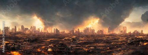 Post apocalypse. Nuclear apocalypse survivor. Ruined Cityscape. Concept. Banner size. Header