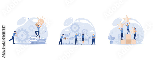 little people with links of business mechanism, teamwork on finding new ideas, a successful career, set flat vector modern illustration