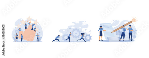 measurement of customer satisfaction and star rating, little people links of mechanism, business meeting and brainstorming, set flat vector modern illustration