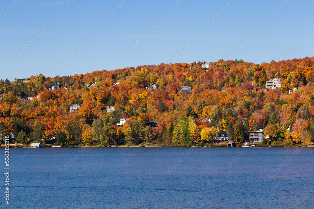 Fototapeta premium Houses nestled in colourful fall foliage on the side of a mountain overlooking a lake, Lac-Beauport, Quebec, Canada