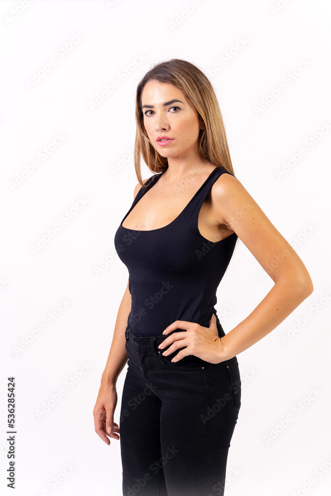 A young blonde woman in a black t-shirt on a white background, casting for a movie actress, american shot A young blonde woman in a black t-shirt on a white background, casting for a movie actress, american shot