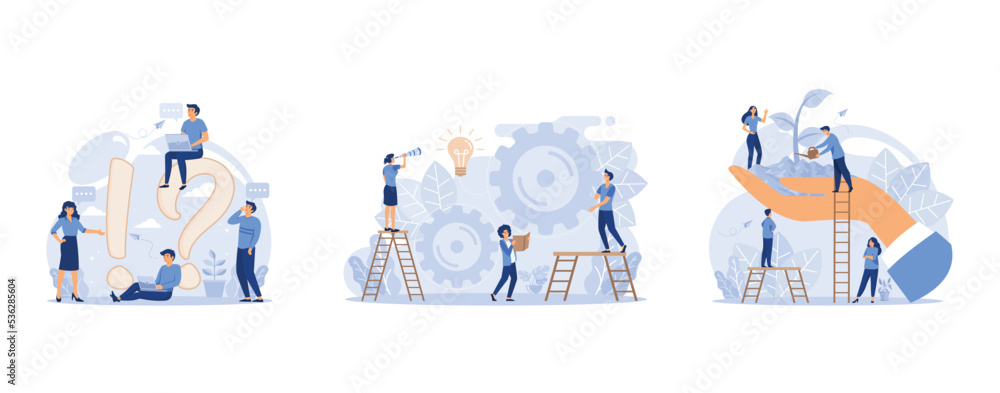 frequently asked questions people around exclamations and question marks, teamwork on finding new ideas, in the big hand the earth with a plant, set flat vector modern illustration frequently asked questions people around exclamations and question marks, teamwork on finding new ideas, in the big hand the earth with a plant, set flat vector modern illustration