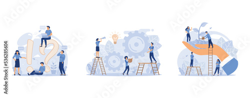 frequently asked questions people around exclamations and question marks, teamwork on finding new ideas, in the big hand the earth with a plant, set flat vector modern illustration