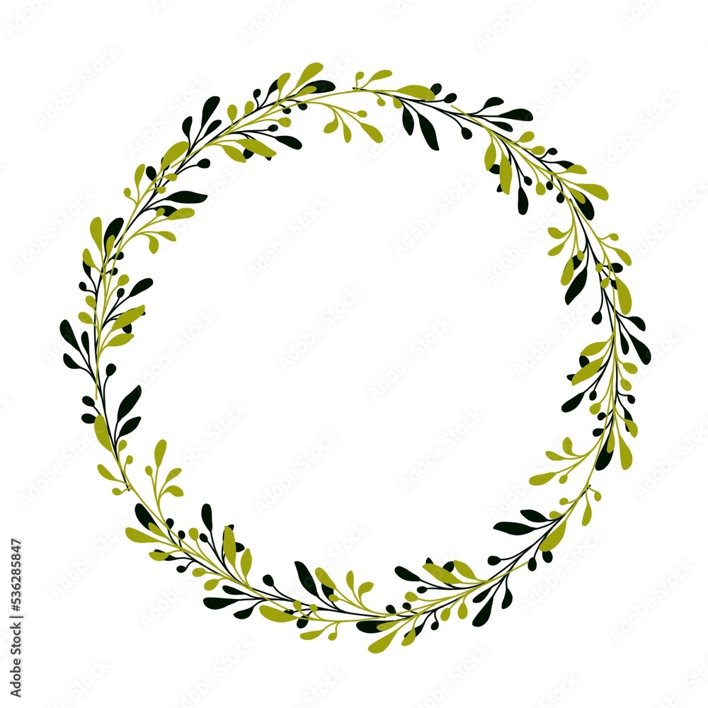 Floral wreath. Greenery branches, Isolated on white background. Design element for invitation and greeting card Floral wreath. Greenery branches, Isolated on white background. Design element for invitation and greeting card