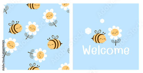 Seamless pattern with bee and daisy cartoons on blue background vector. Cute bee, daisy and hand written font vector.