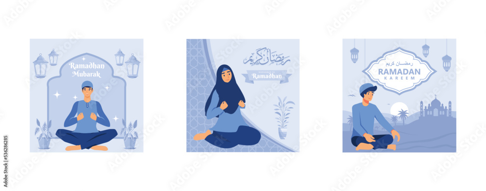 Fototapeta premium Ramadan Kareem Greeting Concept with Mosque and Stars For Web Landing Page Template, Banner, Presentation, Social, and Print Media, islamic eid fitr or adha flat design , set flat vector modern illust