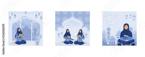 Reading the holy Quran flat design concept, Women reading the Quran in the month of Ramadan, Muslims reciting verses, Can use for web landing page, banner, ui, set flat vector modern illustration