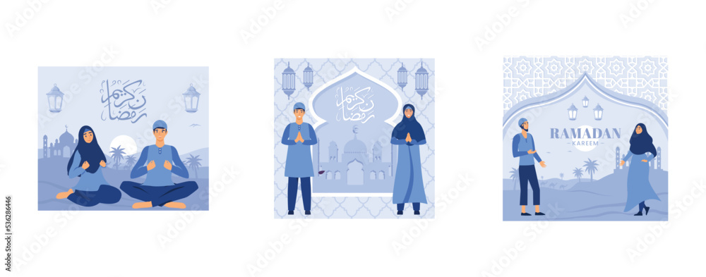 Fototapeta premium happy ramadan mubarak greeting concept, Ramadan Kareem, islamic eid fitr or adha, set flat vector modern illustration