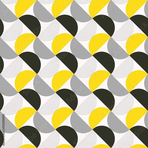 Geometric pattern in yellow, gray, white and black with semicircle shapes and parallel curves. Can be used for fashion graphics, home decor, marketing, advertising ,graphic and web graphic design