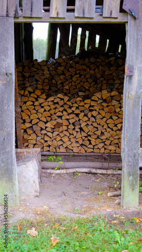 Stacked chopped firewood for heating for the winter period. heat energy crisis