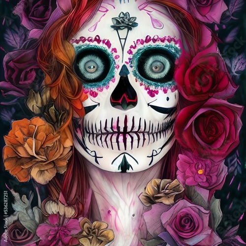 A painting of La Calavera Catrina, A woman with a skull, the celebration of the Day of the Dead