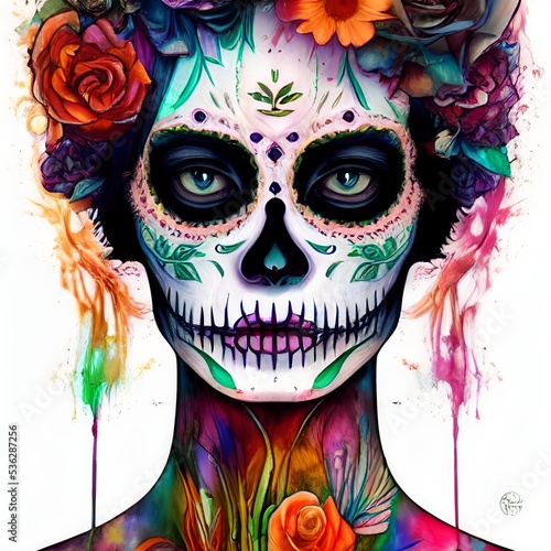 A painting of La Calavera Catrina, A woman with a skull, the celebration of the Day of the Dead photo