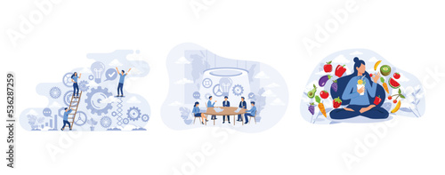 Work operations and teamwork productivity with control tiny person concept, Council meeting and CEO head discussion and brainstorm tiny person concept, Vegan detox food and drink in glass as organic a