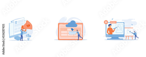 Content and mass media marketing, Cloud computing service, modern teaching tool and interactive learning concept, set flat vector modern illustration
