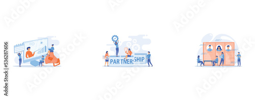 Infographics, statistics diagrams and charts visualization, Partnership and agreement, cooperation and teamwork, business partners concept, Recruitment and employment service, set flat vector modern i
