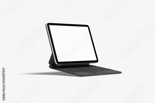 White screen laptop mockup with black keyboard on white background