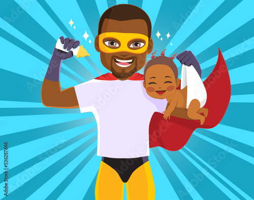 Happy father's day vector illustration greeting card. Super dad with his baby daughter and a ready nutritious milk feeding bottle