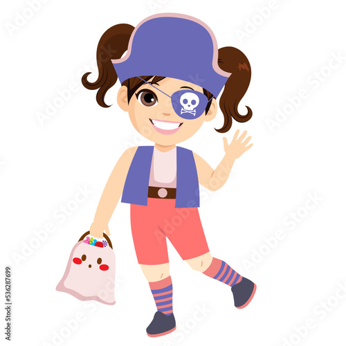 Vector illustration of cute Halloween pirate holding ghost Trick or Treat basket full of candy. Happy little girl disguised dressed in carnival 