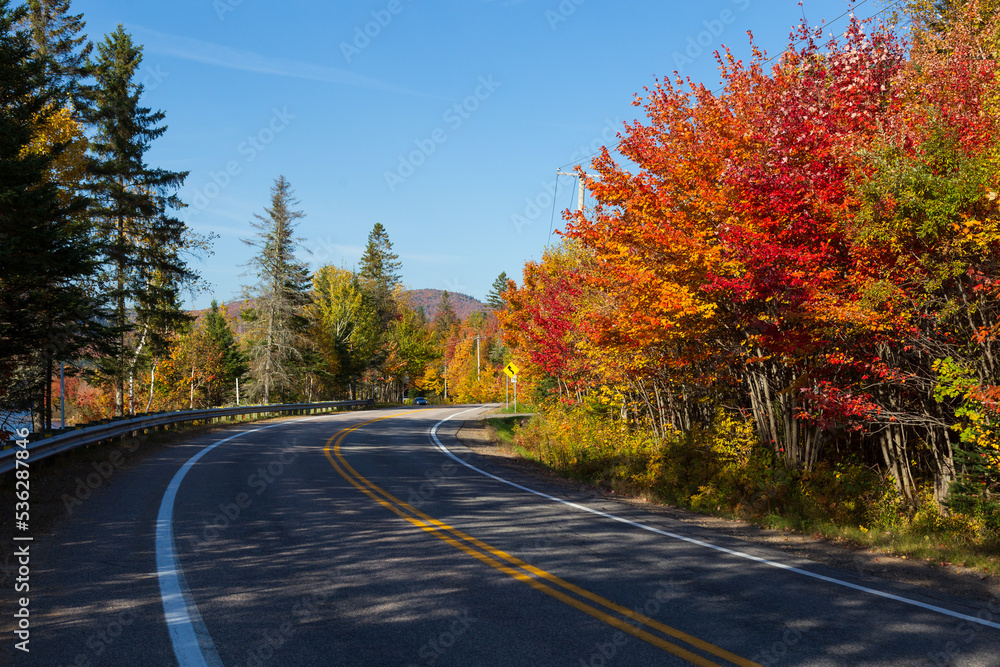 Fototapeta premium Route 371 uphill curve seen during a sunny fall afternoon in Saint-Gabriel-de-la-Jacques-Cartier, Quebec, Canada