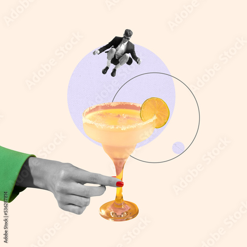 Contemporary art collage. Creative design. Stylish young man jumping into margarita cocktail. Friday chill, party
