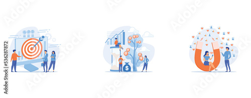 Big target, manager and employees engaged in company goals, Portfolio income, capital gains income, royalties from investments concept, Aiming at target audience, set flat vector modern illustration