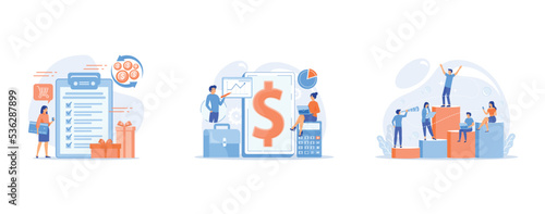 Cardholder with smartphone shopping online and getting cach rewards and checklist, Accountants work with financial transactions software and tablet, Employment hierarchy, career planning, career ladde