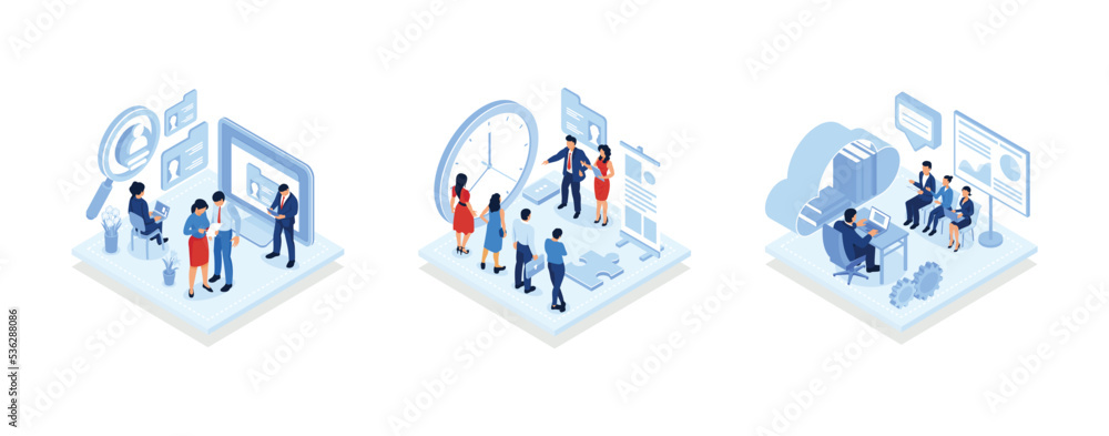 hiring and recruitment concept for web page, banner, presentation, Business people select staff, Positive first impression on job interview, isometric vector modern illustration