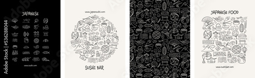 Concept Art, Japaneese Food and Traditions. Frame, background, tree, icons. Set for your design project - cards, banners, poster, web, print, social media, promotional materials. Vector illustration