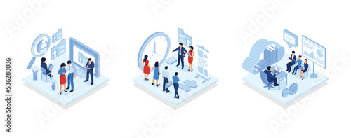 hiring and recruitment concept for web page, banner, presentation, Business people select staff, Positive first impression on job interview, isometric vector modern illustration