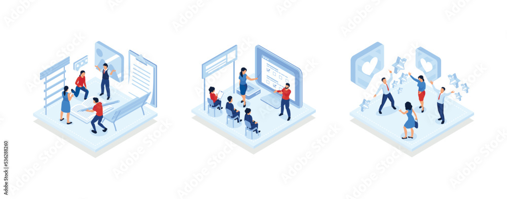 people characters are thinking over an idea, Multiracial Business People Team in Meeting Room, Success concept, isometric vector modern illustration