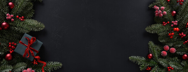 Christmas winter banner with gift, fir branches, red balls on black background. Xmas greeting card. Holiday time. Happy New Year. Space for text. View from above, flat lay.