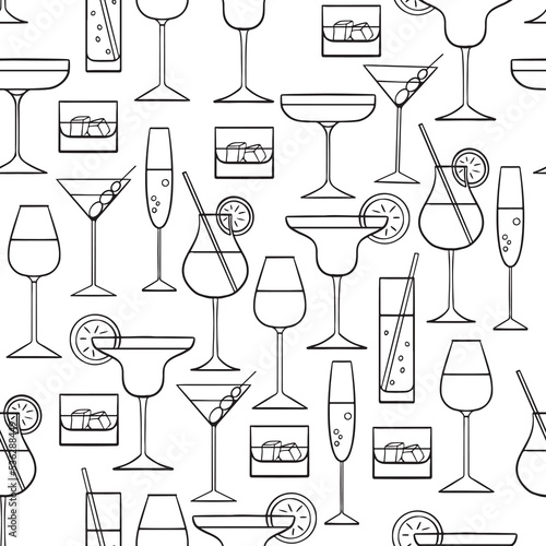 Seamless vector pattern with various drinks. Cocktail party. 